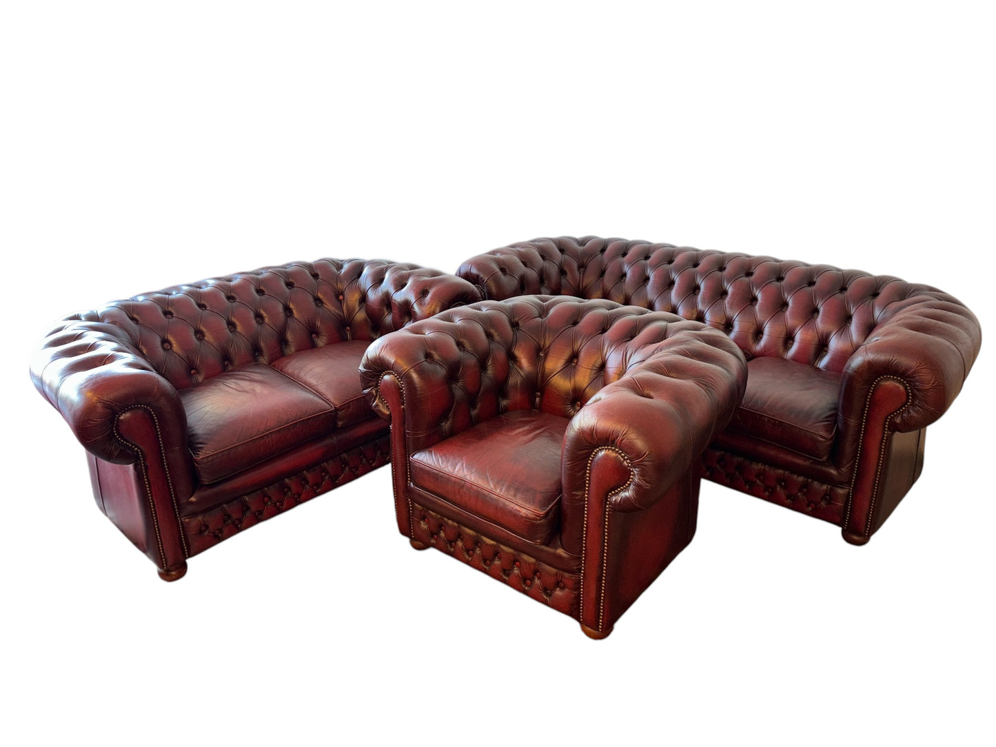 Vintage Chesterfield-soffgrupp i äkta läder, 3-sits, 2-sits & en fåtölj