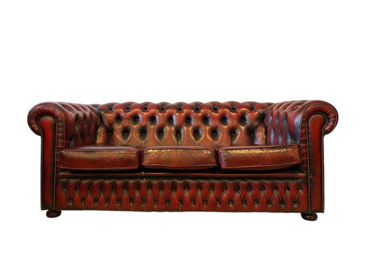 Chesterfield 3-sits soffa i oxblood läder