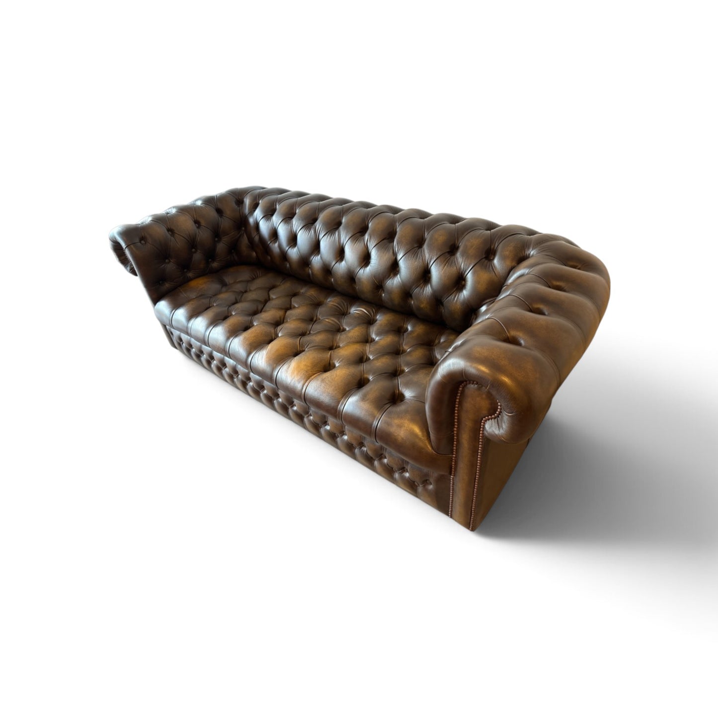 Engelsk Chesterfield 3-sits soffa i brunt och olivgrönt läder