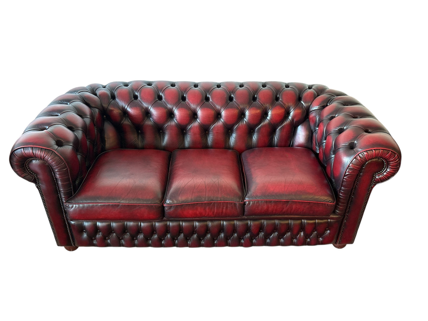 Chesterfield 3-sits soffa i oxblood läder