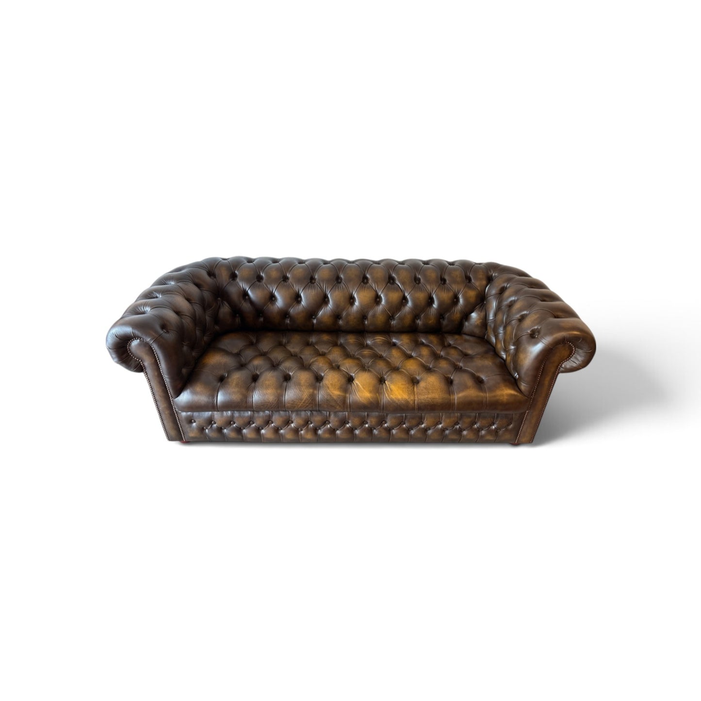 Engelsk Chesterfield 3-sits soffa i brunt och olivgrönt läder