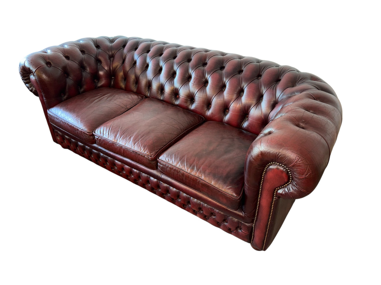 Vintage Chesterfield-soffgrupp i äkta läder, 3-sits, 2-sits & en fåtölj