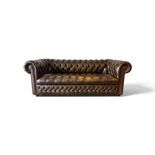 Engelsk Chesterfield 3-sits soffa i brunt och olivgrönt läder