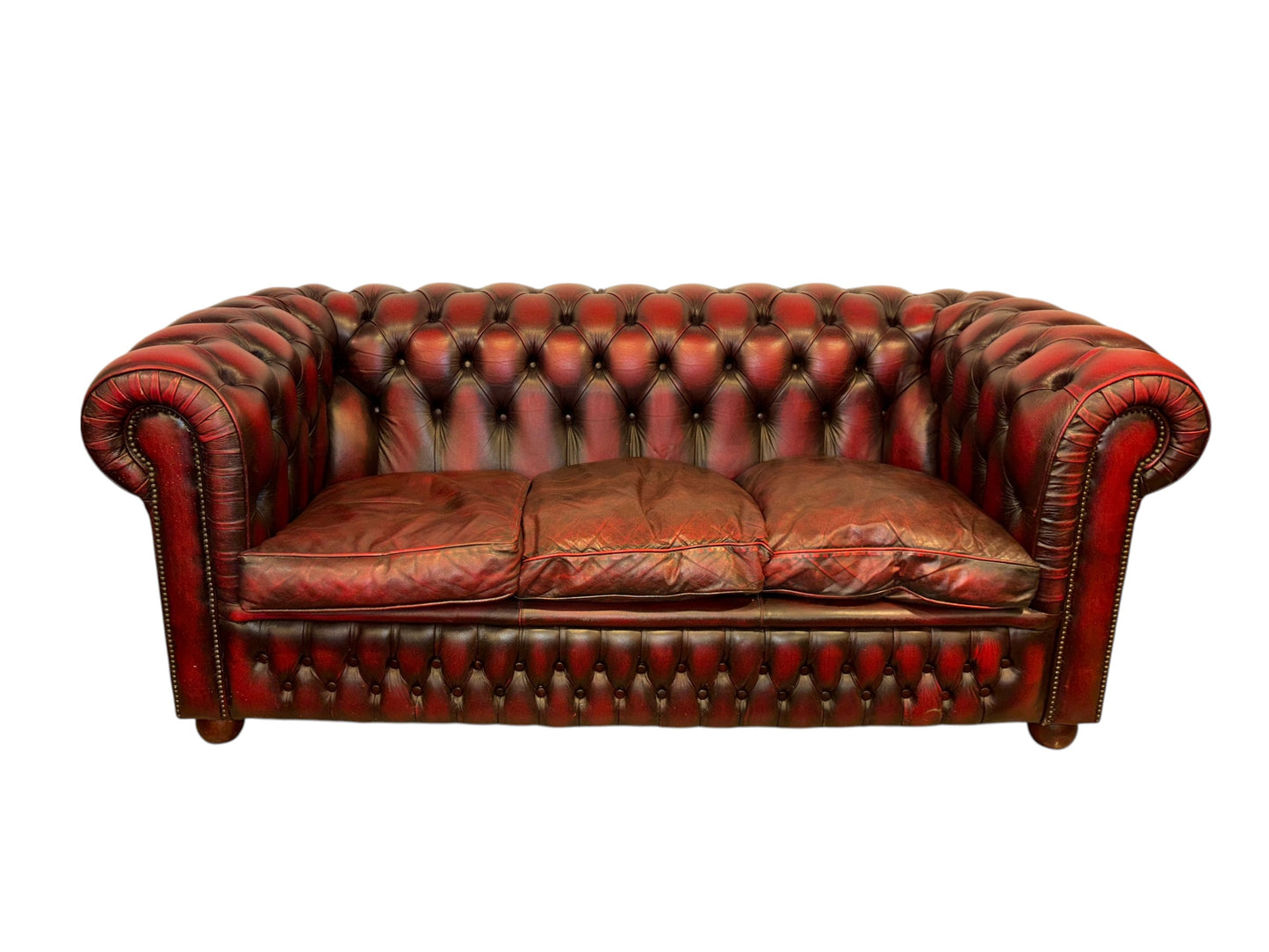 Chesterfield 3-sits soffa i oxblood läder