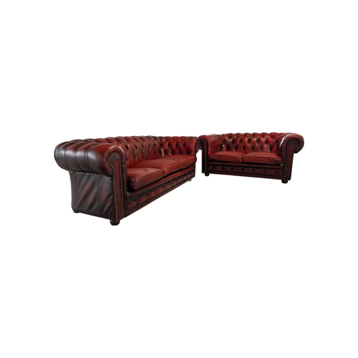Vintage Chesterfield-soffgrupp i äkta läder, 3-sits och 2-sits