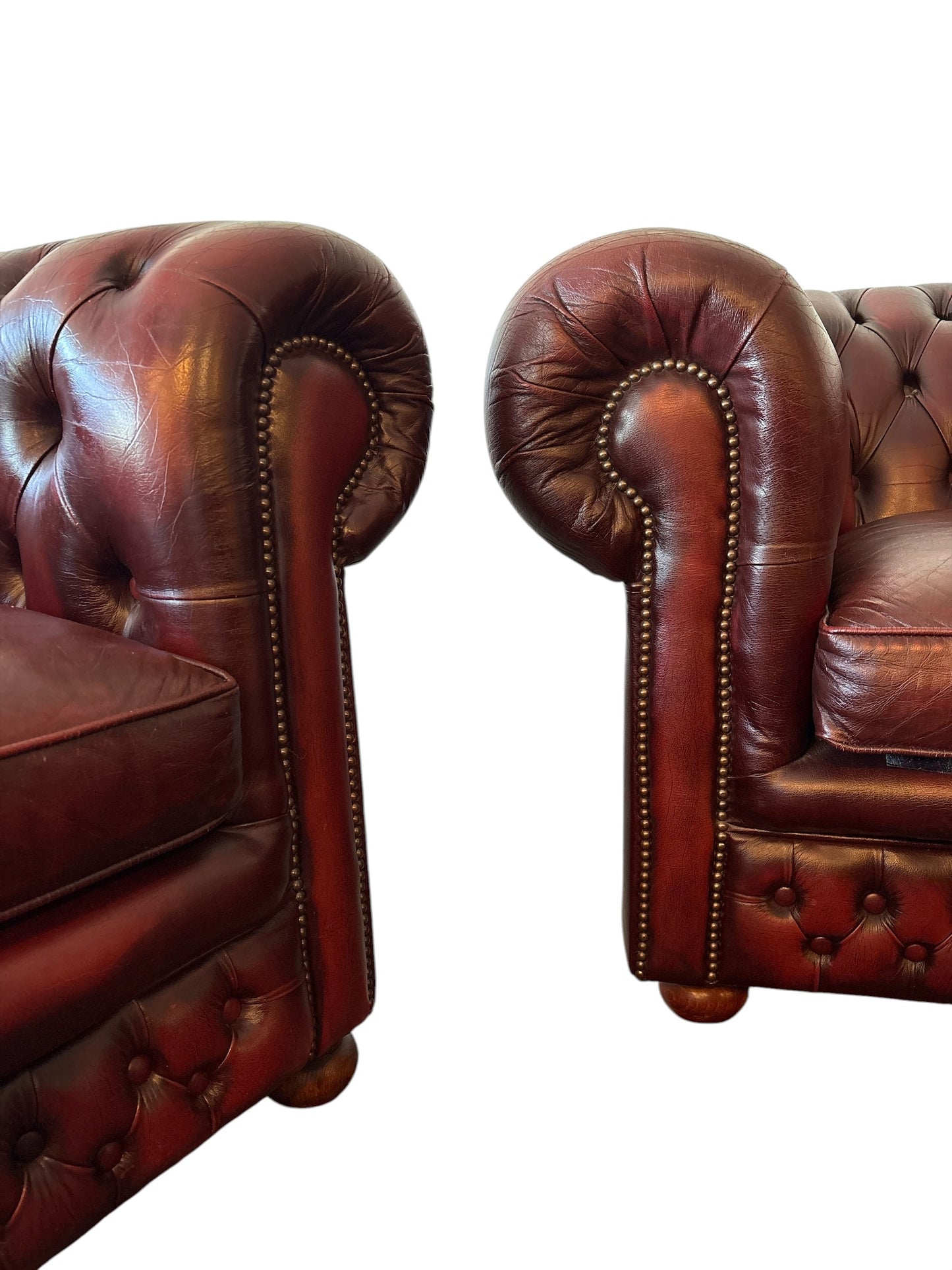 Vintage Chesterfield-soffgrupp i äkta läder, 3-sits, 2-sits & en fåtölj