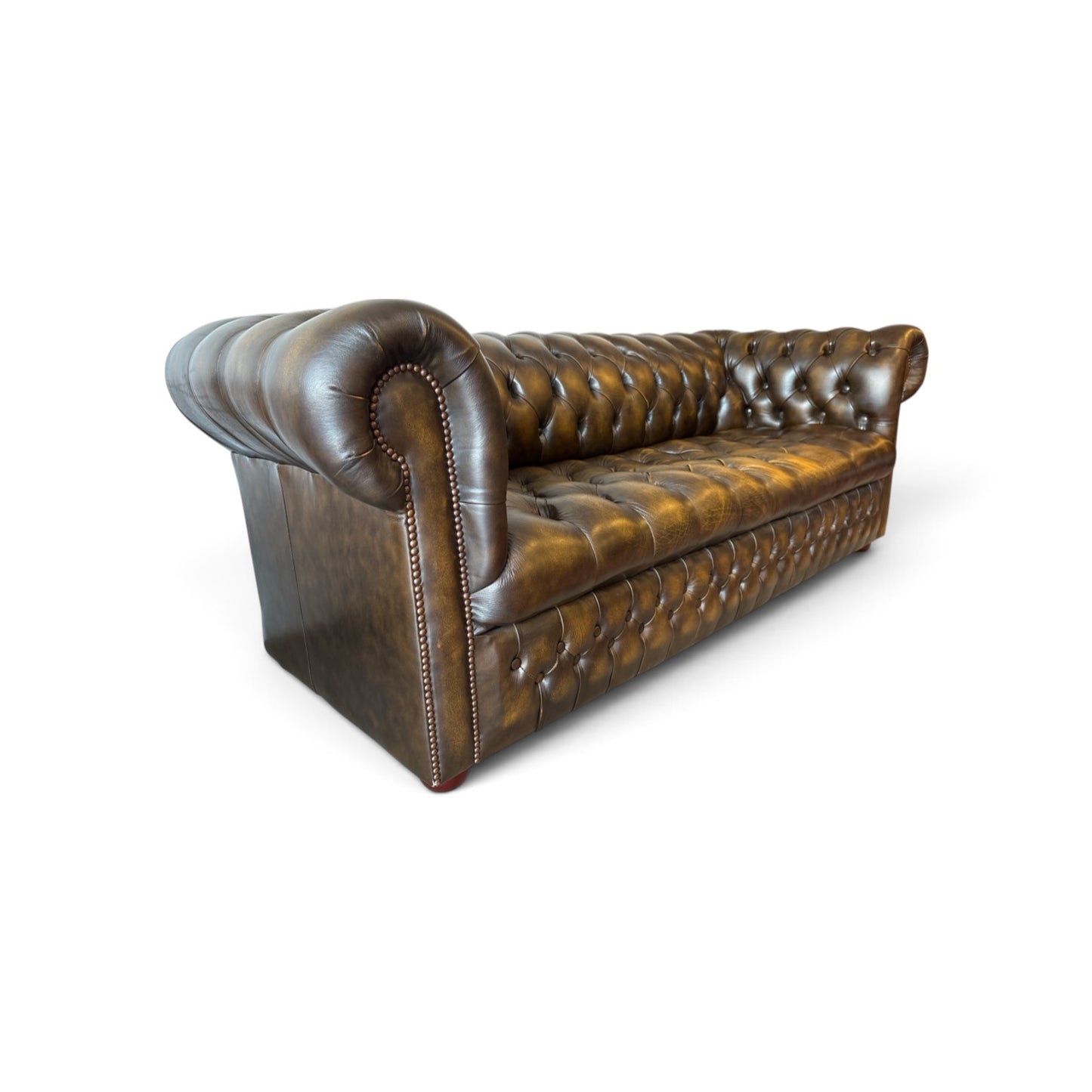 Engelsk Chesterfield 3-sits soffa i brunt och olivgrönt läder