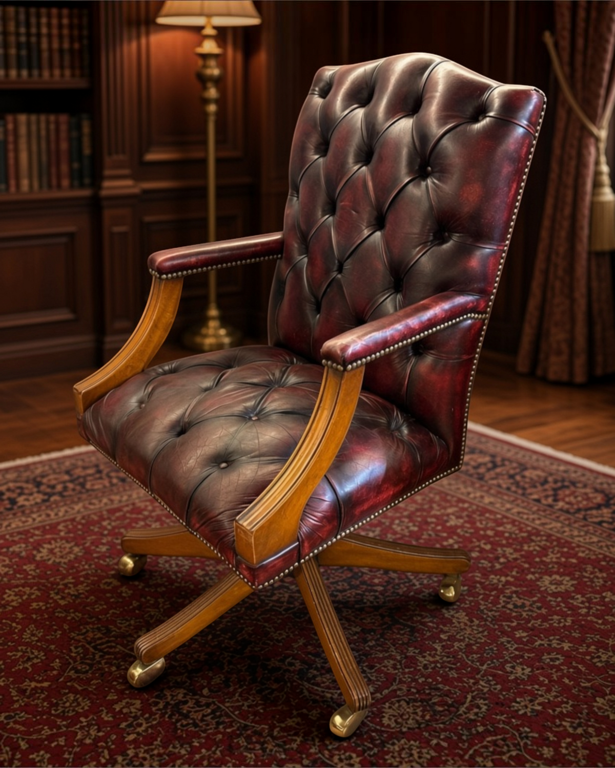 Chesterhome vintage oxblood leather Chesterfield office chair with button tufting, brass studs, and wooden swivel base.
