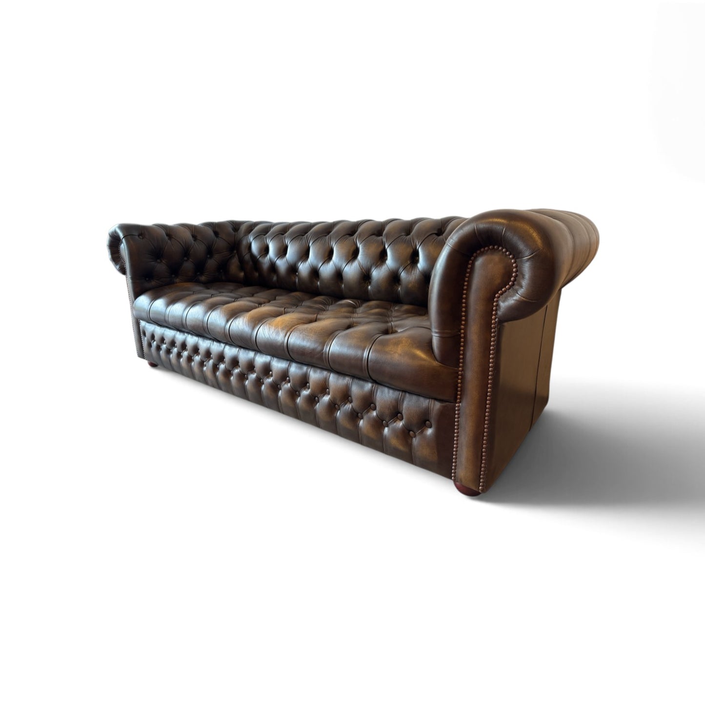 Engelsk Chesterfield 3-sits soffa i brunt och olivgrönt läder