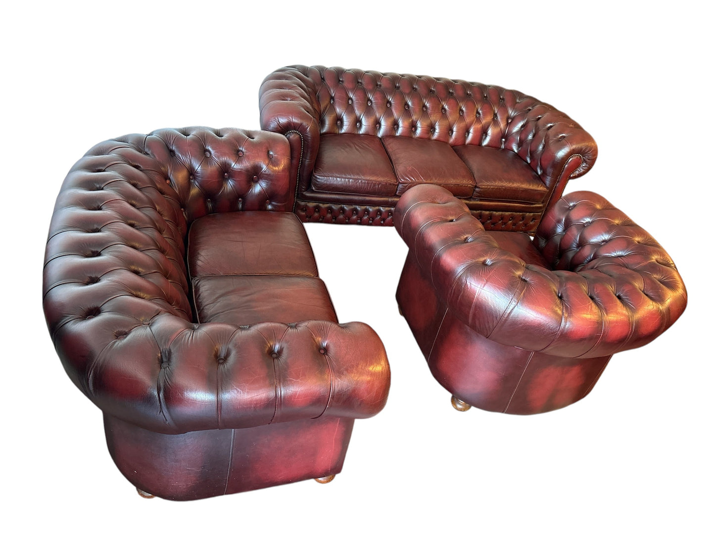 Vintage Chesterfield-soffgrupp i äkta läder, 3-sits, 2-sits & en fåtölj