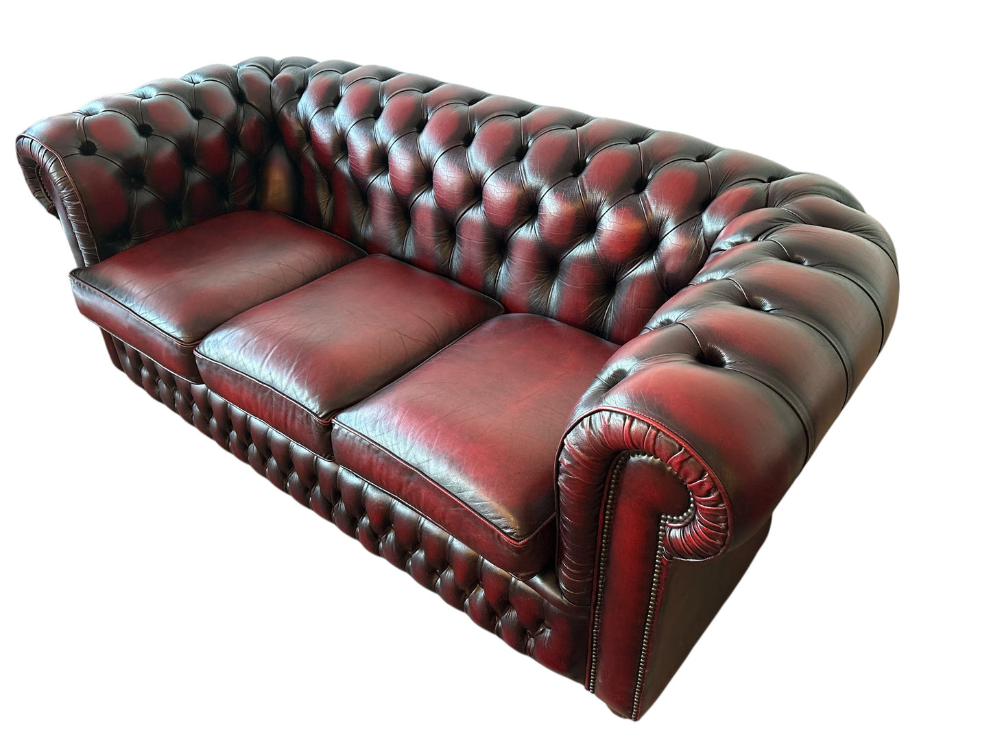 Chesterfield 3-sits soffa i oxblood läder