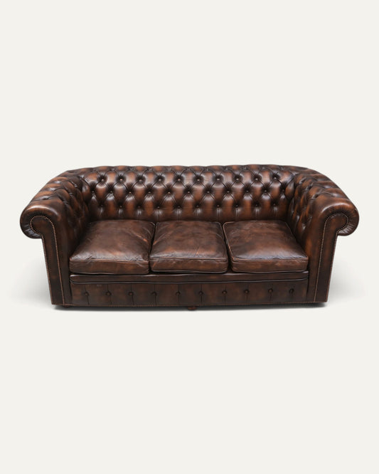 Engelsk Chesterfield 3-sits soffa i brunt läder