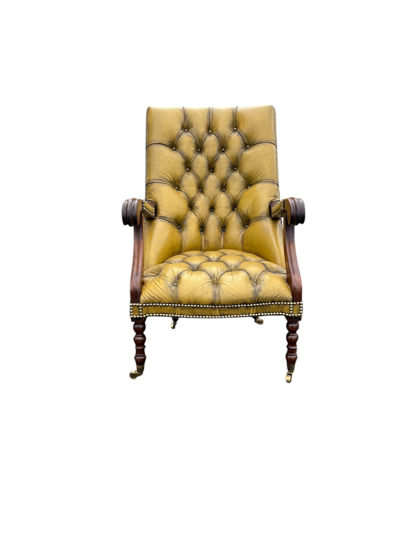 Engelsk Läderfåtölj med hjul av mässing,  Viktoriansk Stil