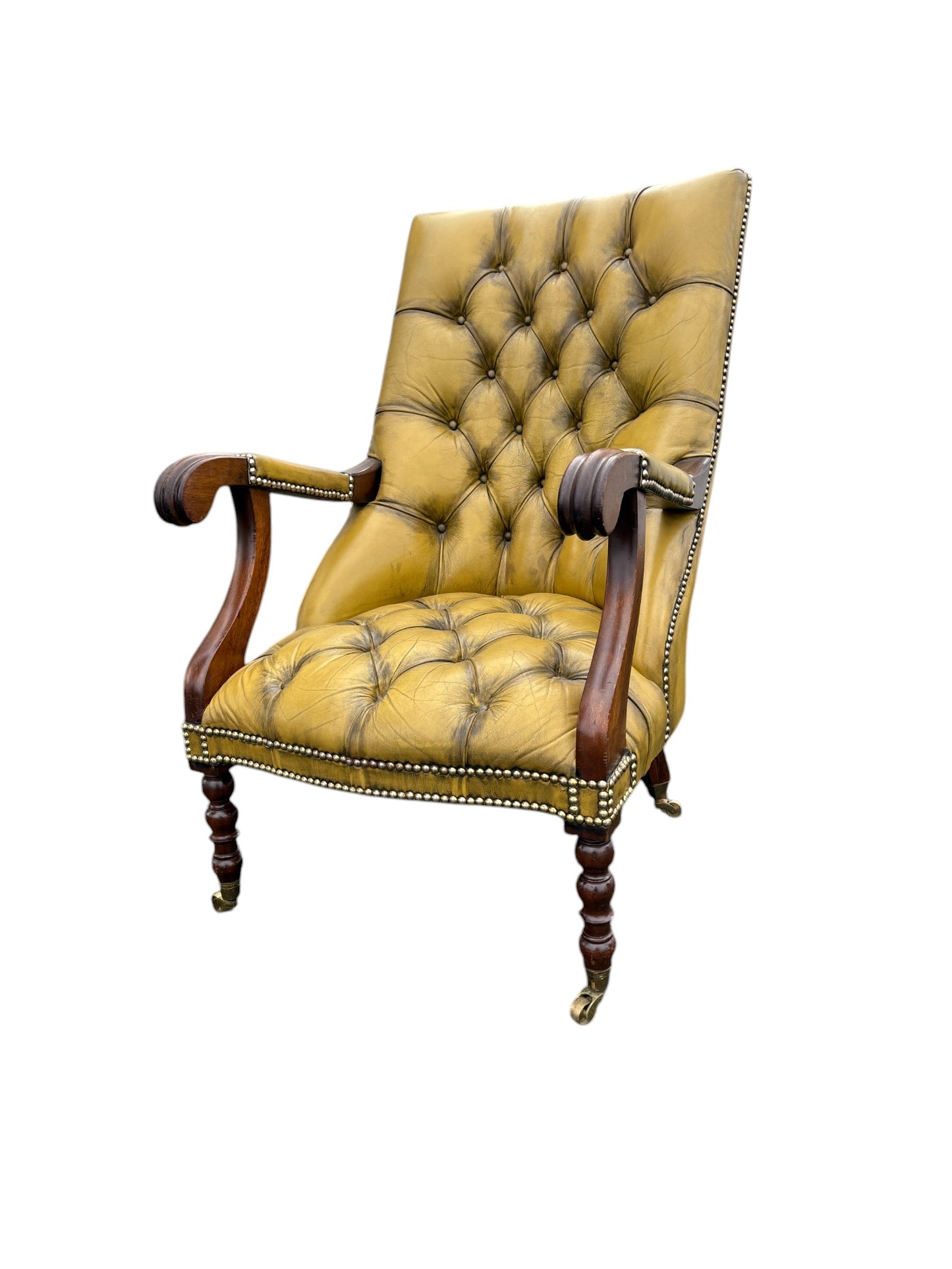 Engelsk Läderfåtölj med hjul av mässing,  Viktoriansk Stil