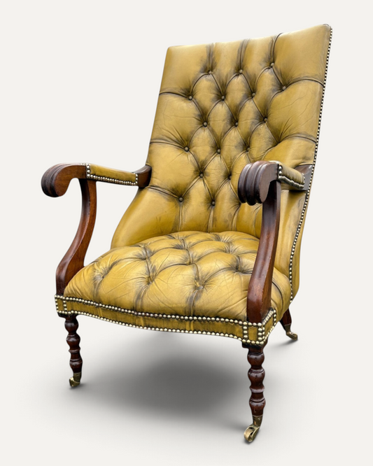 Engelsk library chair i olivgult läder med mässingshjul – Chesterhome