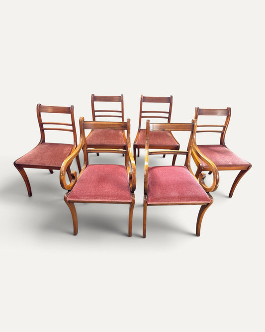 Matstolar i regency-stil, set om 6 — rosa tyg