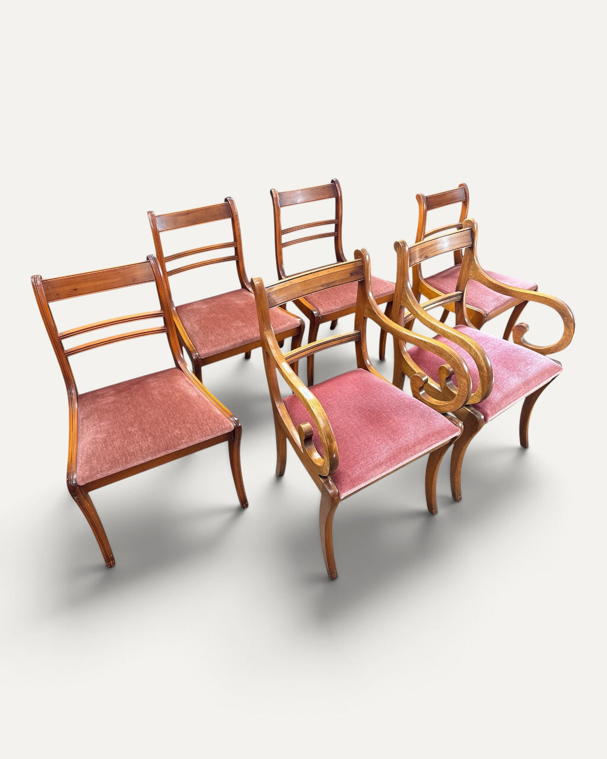 Matstolar i regency-stil, set om 6 — rosa tyg
