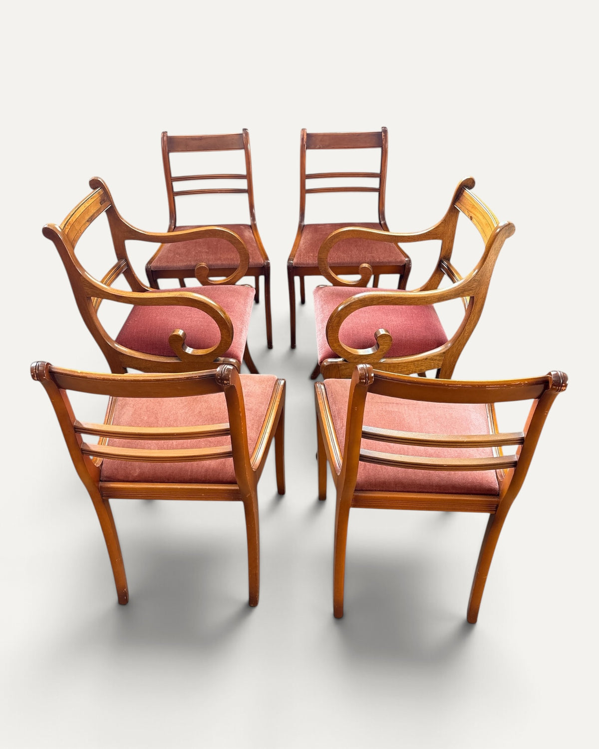 Matstolar i regency-stil, set om 6 — rosa tyg