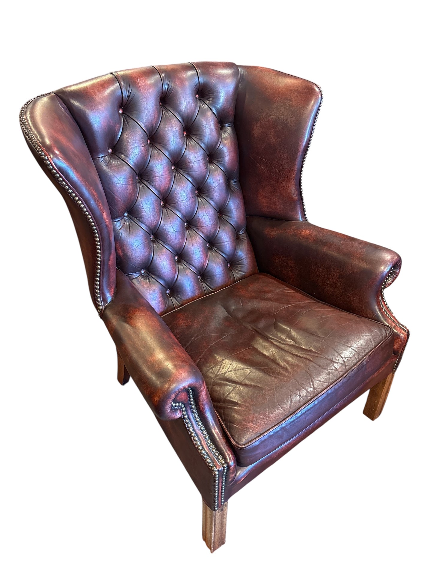 Chesterfield Wingback-chair / Öronlapps-fåtölj i Vinröd läder