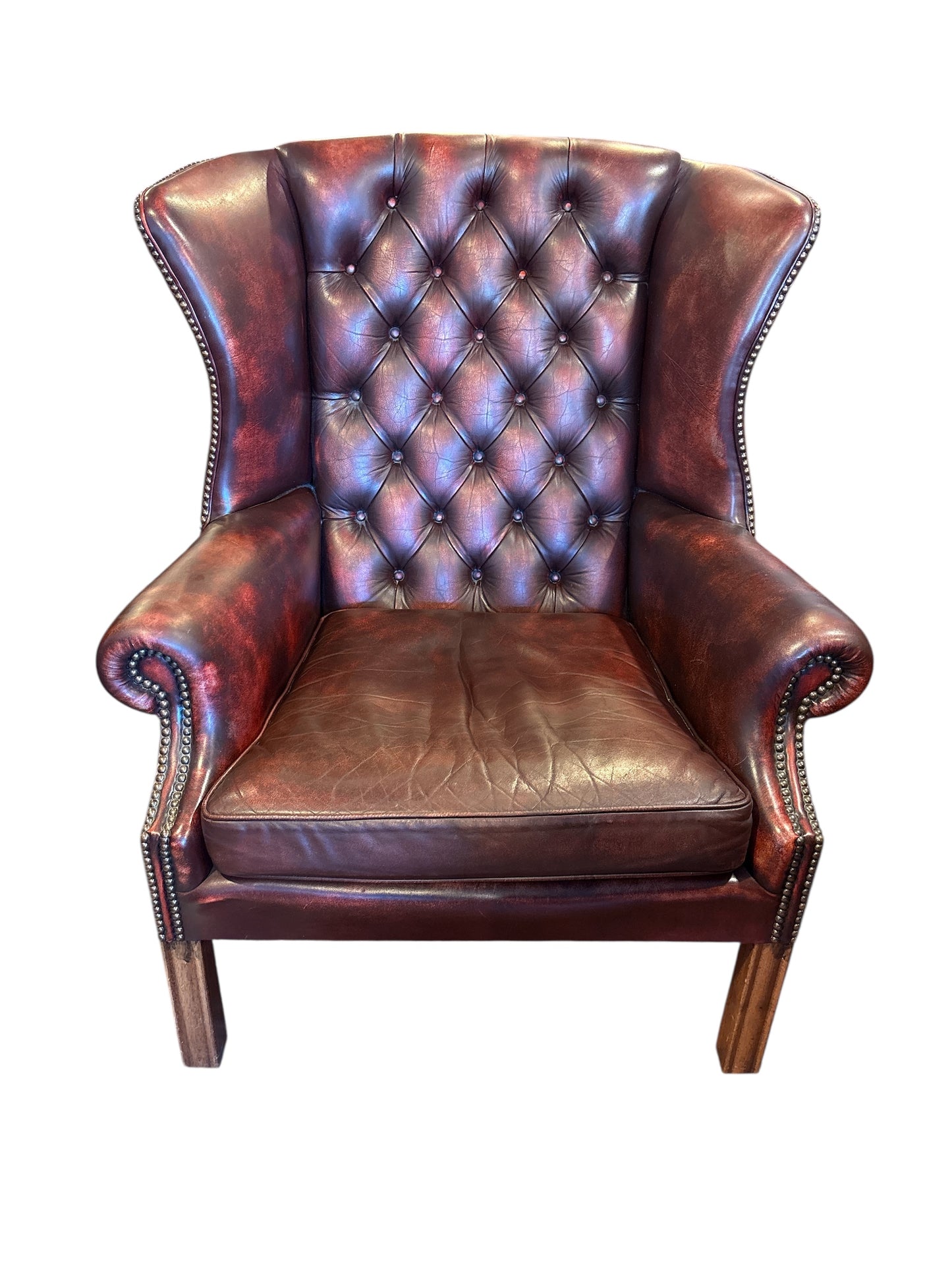 Chesterfield Wingback-chair / Öronlapps-fåtölj i Vinröd läder
