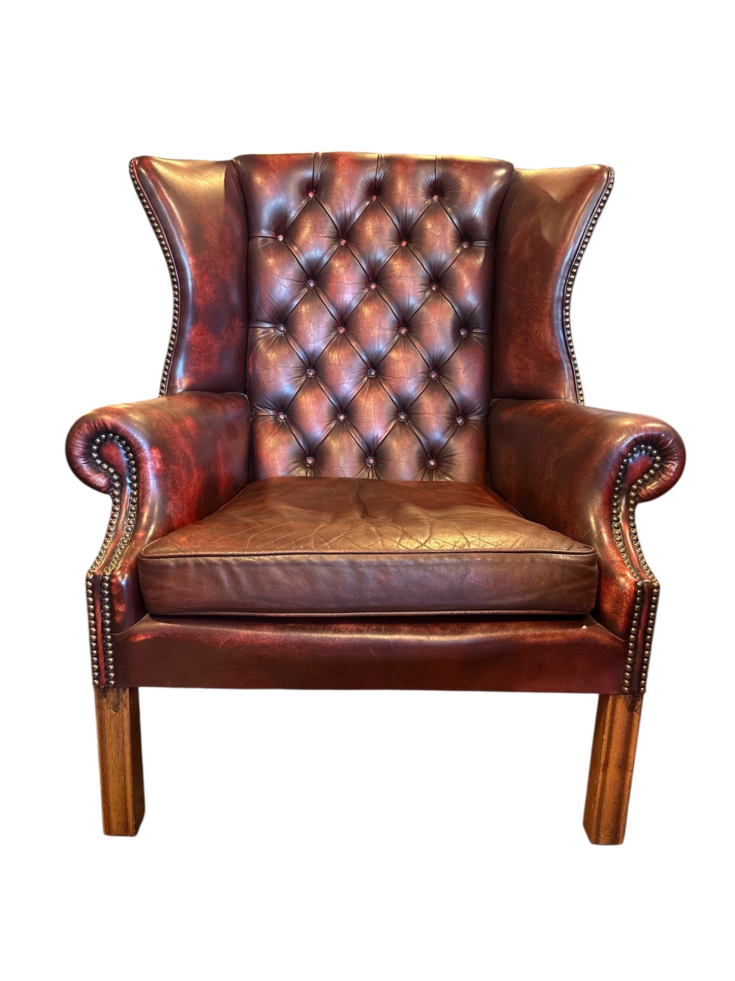 Chesterfield Wingback-chair / Öronlapps-fåtölj i Vinröd läder