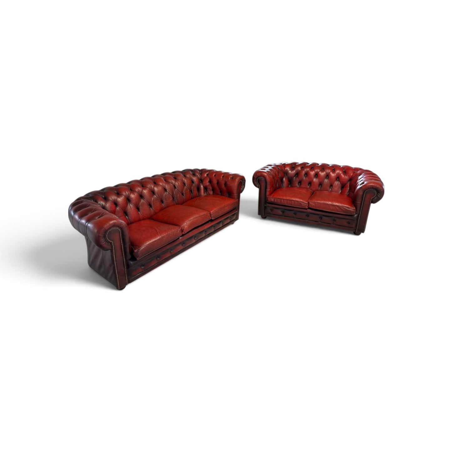 Vintage Chesterfield-soffgrupp i äkta läder, 3-sits och 2-sits