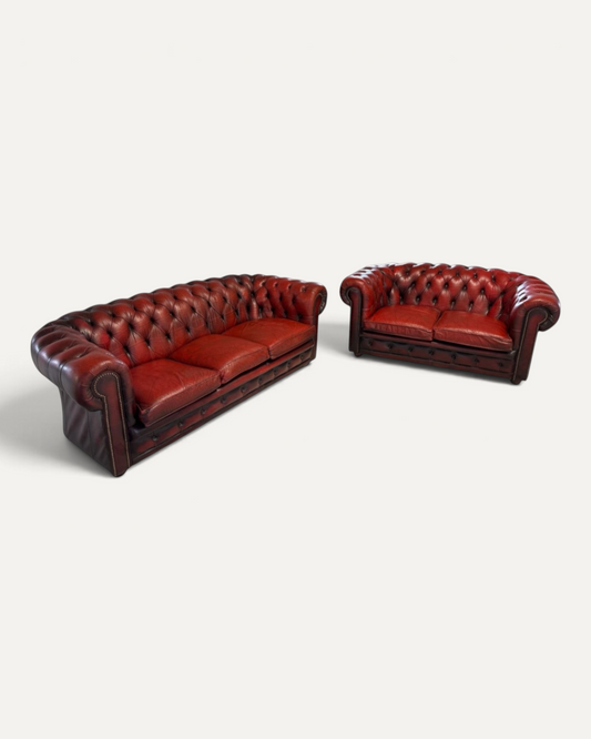 Vintage Chesterfield-soffgrupp i äkta läder, 3-sits och 2-sits – Chesterhome