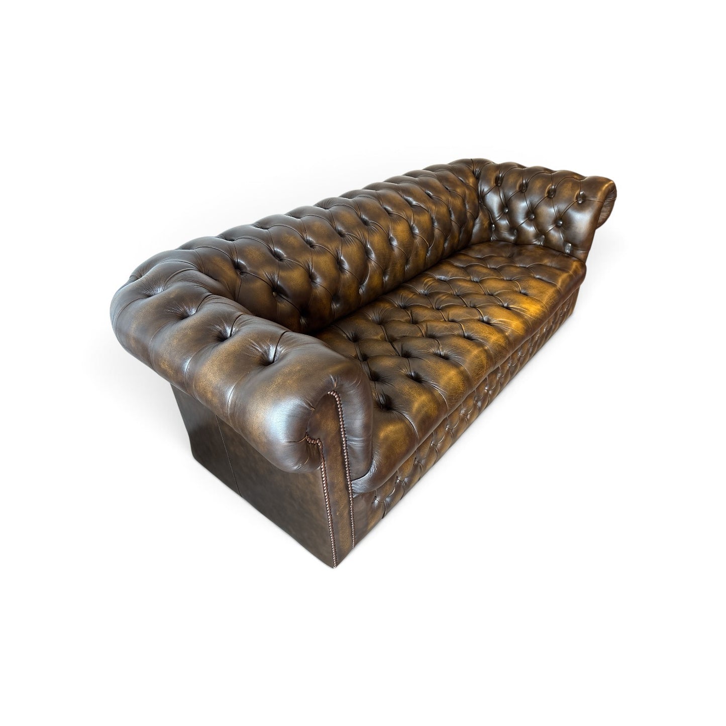 Engelsk Chesterfield 3-sits soffa i brunt och olivgrönt läder