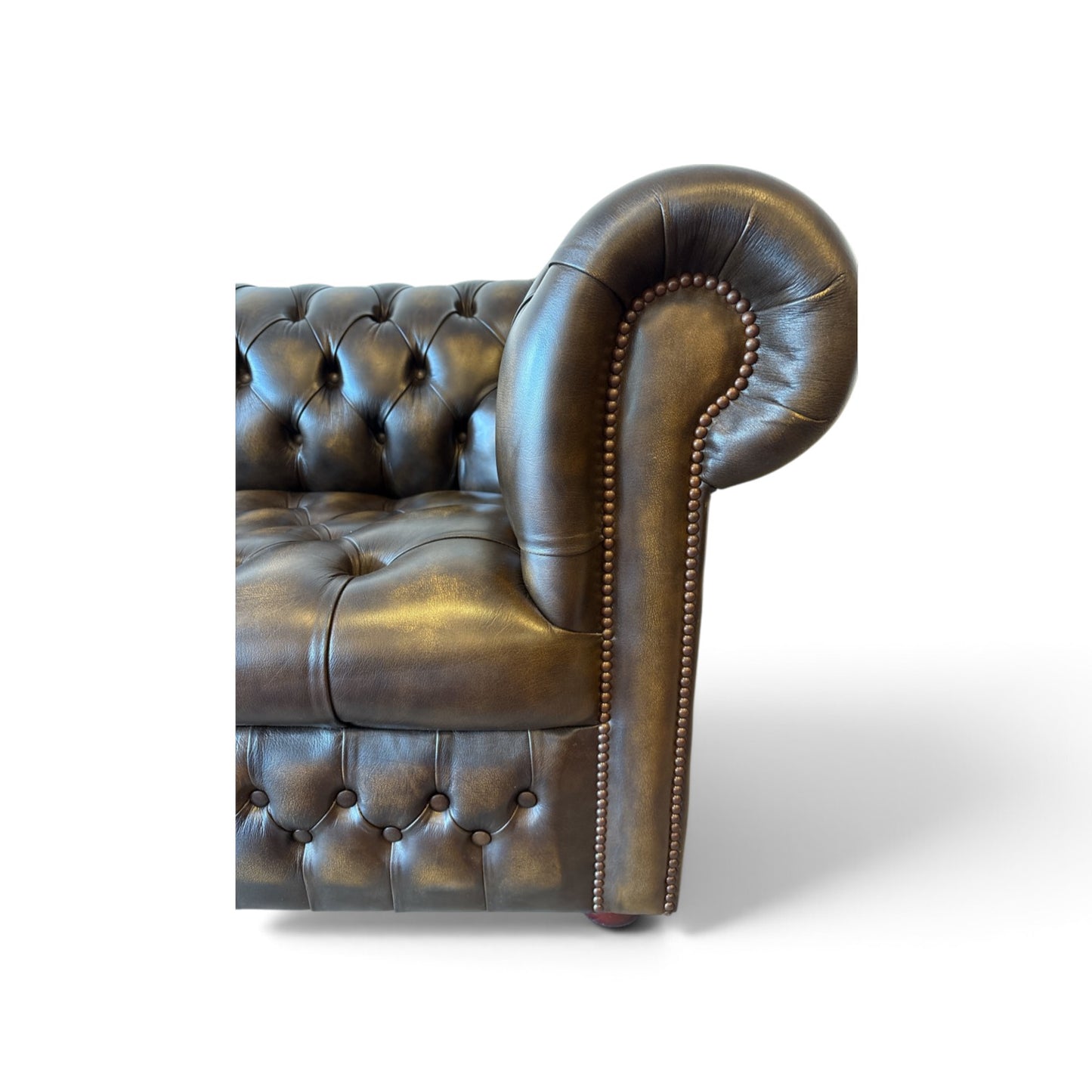 Engelsk Chesterfield 3-sits soffa i brunt och olivgrönt läder