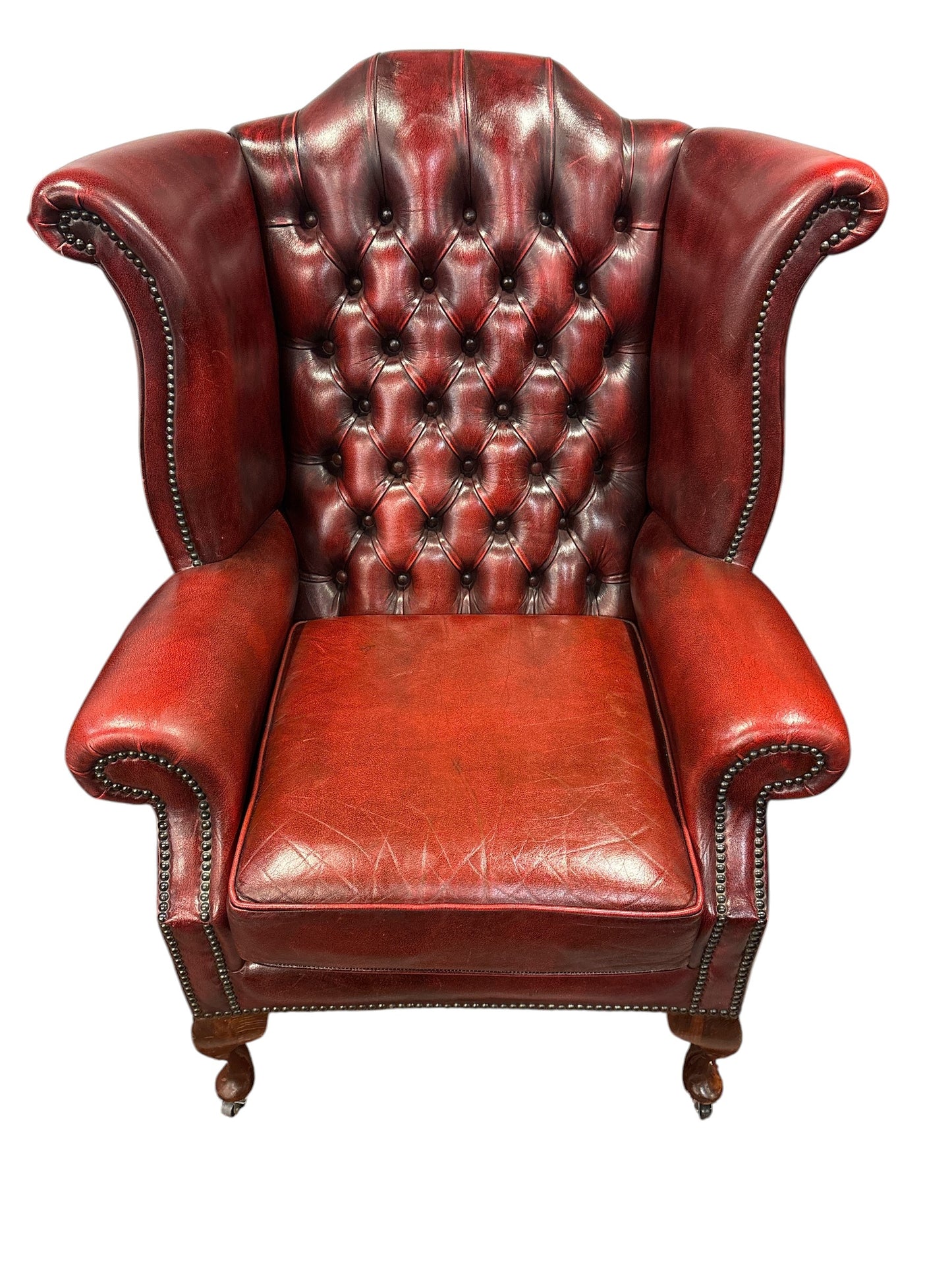 Chesterfield wingback fåtölj i oxblood läder