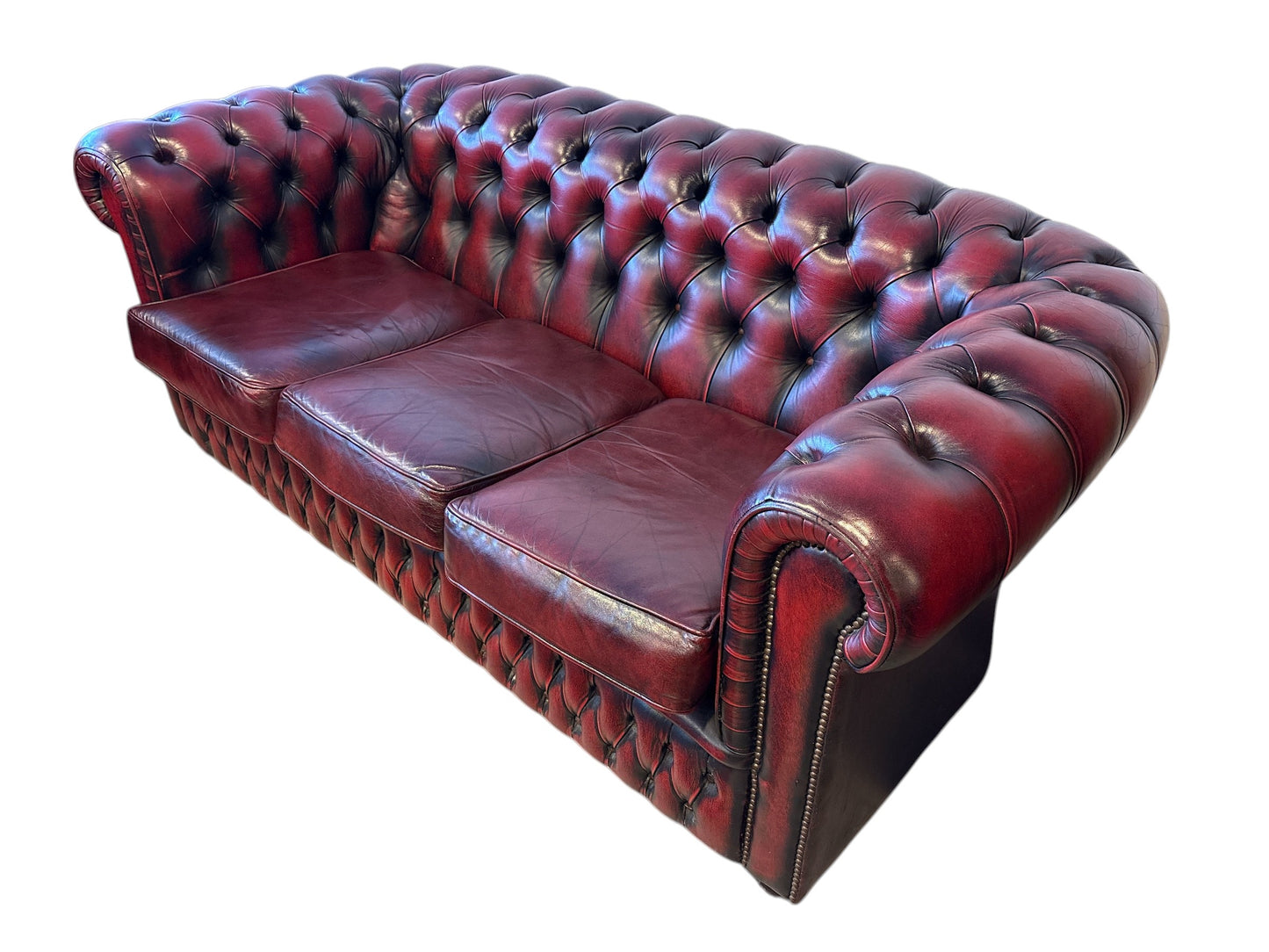 Chesterfield 3-sits soffa i oxblood läder