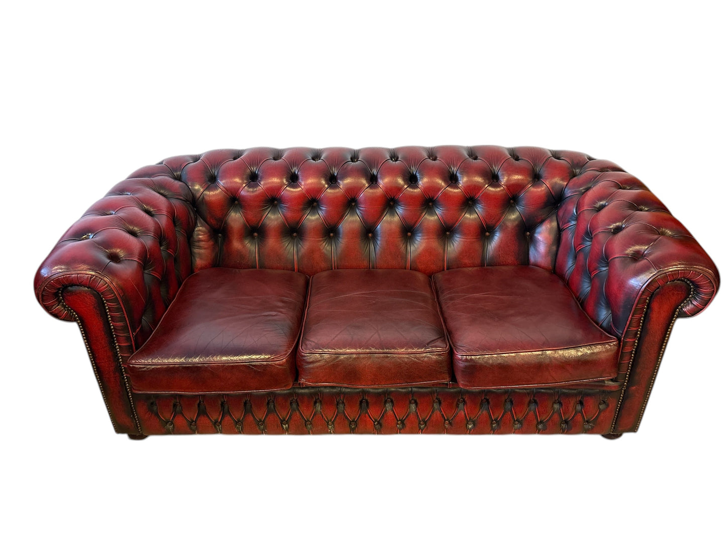 Chesterfield 3-sits soffa i oxblood läder