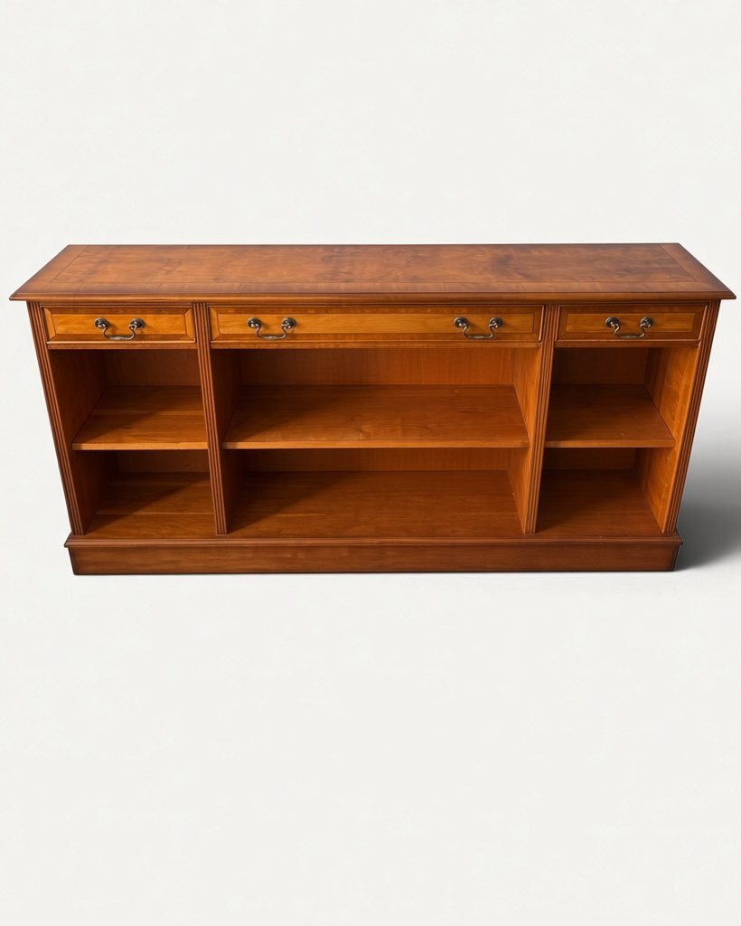 Chesterhome low English yew wood bookcase with three drawers and open shelving, featuring brass hardware.