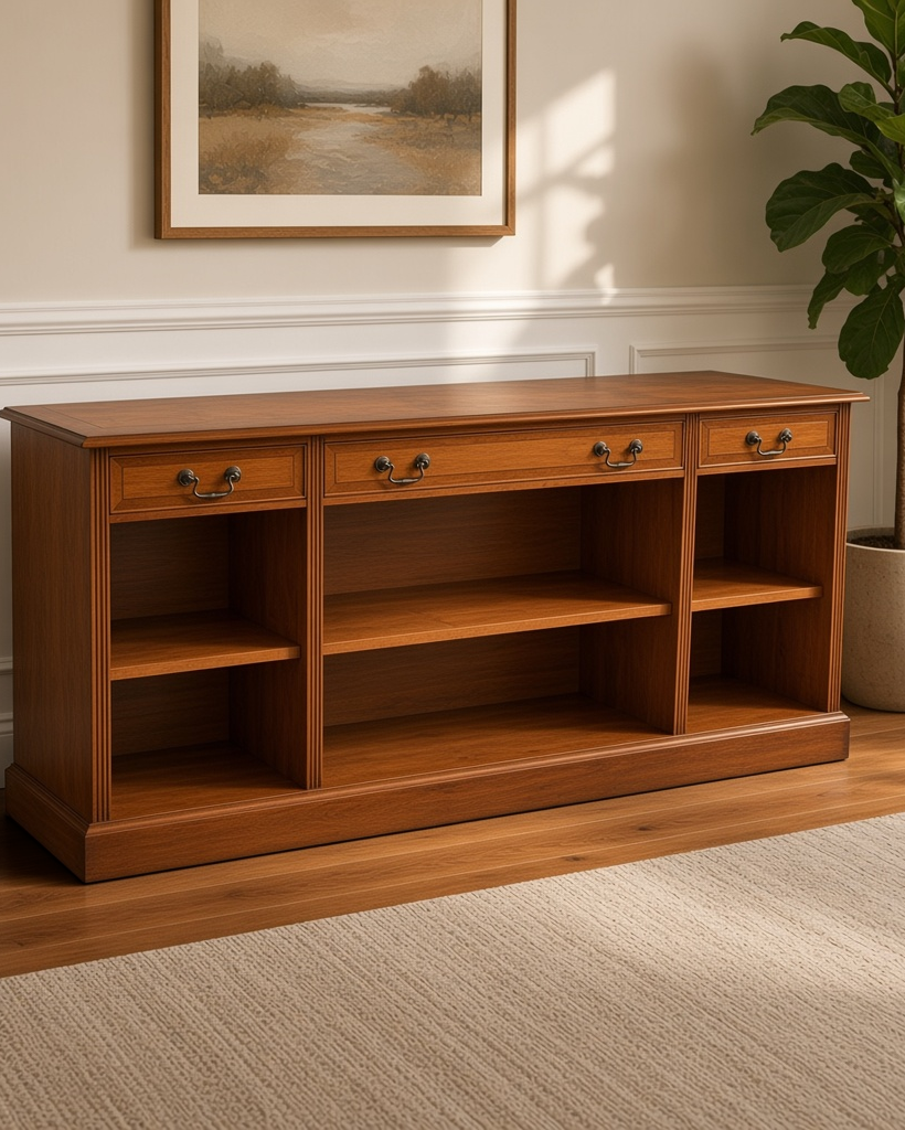 Chesterhome low English yew wood bookcase with three drawers and open shelving, featuring brass handles.